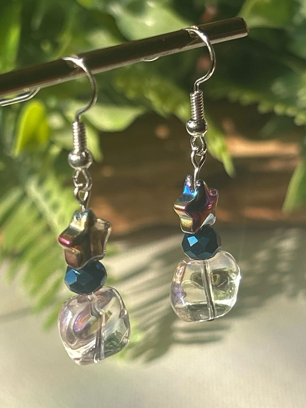 Iridescent Star Drop Earrings with Blue Accent